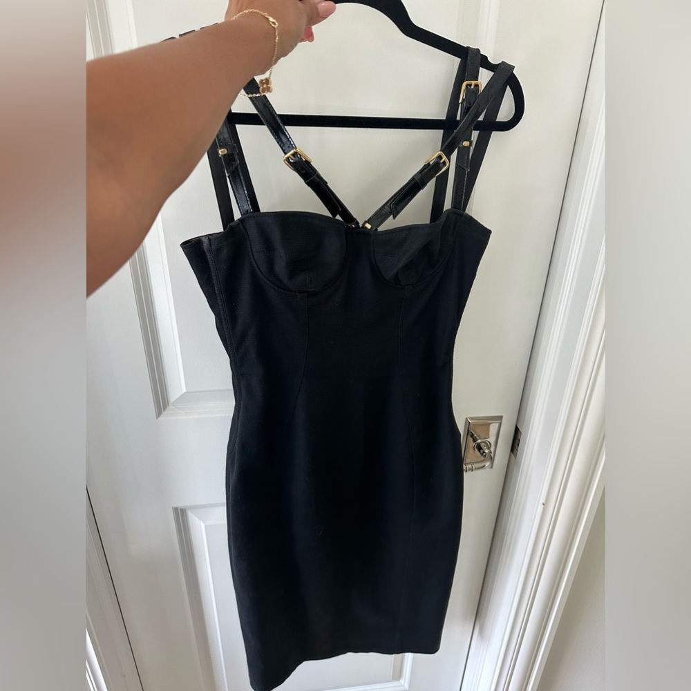 Dolce & Gabbana black midi dress with gold and patent leather straps